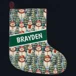 Watercolor Snowman Christmas Personalised  Large Christmas Stocking<br><div class="desc">Watercolor cosy snowmen in warm red scarves and warm knit hats and a pretty green,  red and blue pine tree background personalised Christmas stocking.</div>