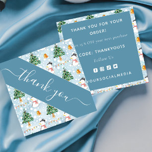 Watercolor Snowman Christmas Tree Blue Thank You  Square Business Card
