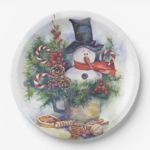 Watercolor snowman Christmas tree New Year winter Paper Plate