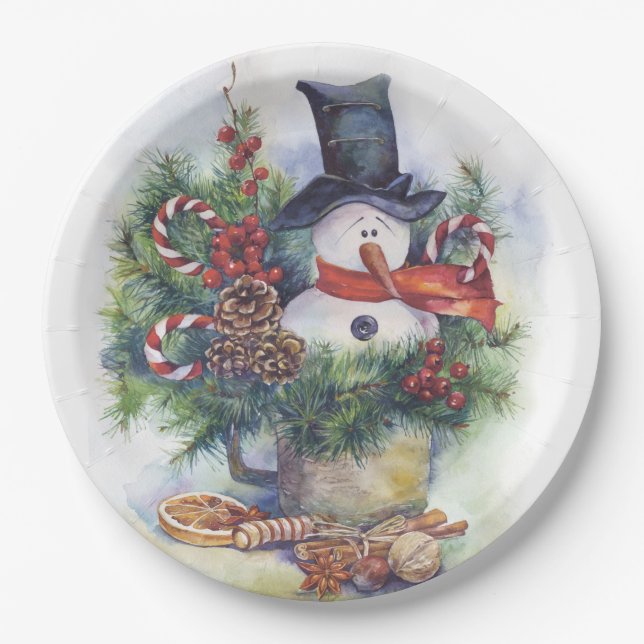Watercolor snowman Christmas tree New Year winter Paper Plate (Front)