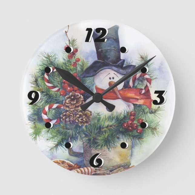 Watercolor snowman Christmas tree New Year winter Round Clock (Front)