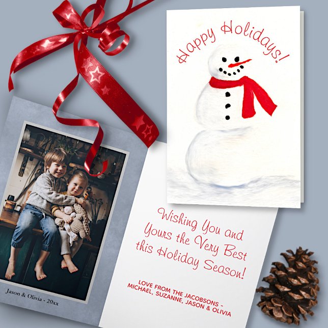 Watercolor Snowman Cute Happy Holidays Photo Holiday Card (In Situ with Decorartions)