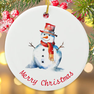 Watercolor Snowman Cute Personalized Christmas Ceramic Tree Decoration