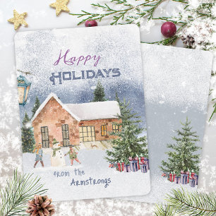 Watercolor Snowman Family Scene Christmas Holiday Card