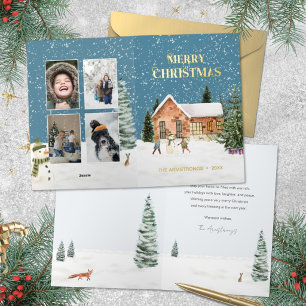 Watercolor Snowman Farmhouse 4 Photo Christmas Foil Holiday Card