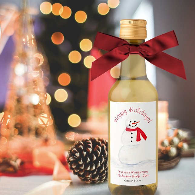 Watercolor Snowman Happy Holidays Mini Christmas Wine Label (In Situ with Bow)