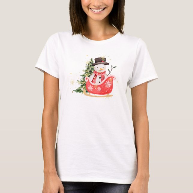 Watercolor Snowman in Sleigh Classic Christmas  T-Shirt (Front)