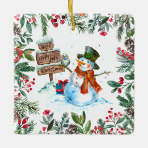 Watercolor Snowman Merry Christmas Ceramic Ornament