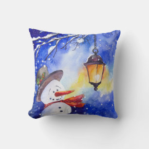 Watercolor snowman Merry Christmas New Year night Cushion
