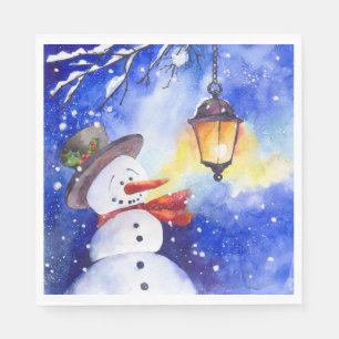 Watercolor snowman Merry Christmas New Year night Napkin