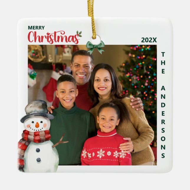 Watercolor Snowman One Photo Festive Christmas Ceramic Ornament (Front)