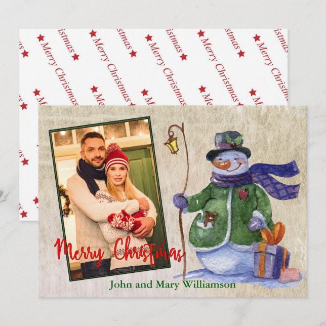 Watercolor Snowman Photo Christmas Holiday Card (Front/Back)