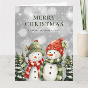 Watercolor Snowman Poinsettia Merry Christmas Card