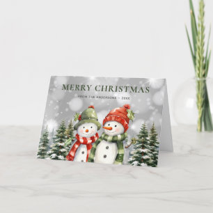 Watercolor Snowman Poinsettia Merry Christmas Holiday Card