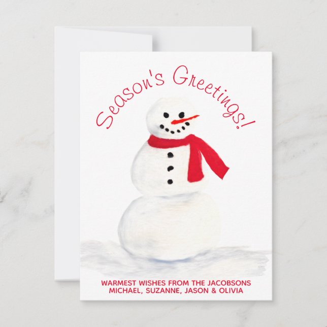 Watercolor Snowman Season's Greetings w/ Photo Holiday Card (Front)