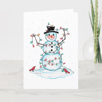 Watercolor Snowman Wrapped in Lights Greeting Card