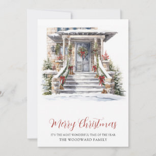 Watercolor Snowy Christmas Front Porch Holiday Card