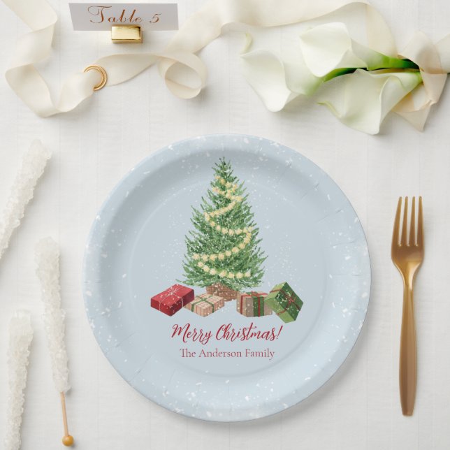 Watercolor Snowy Christmas Tree and Gifts  Paper Plate (Wedding)