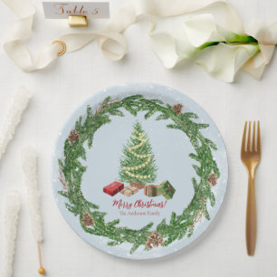 Watercolor Snowy Christmas Tree and Gifts Paper Plate