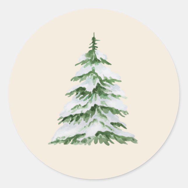 Watercolor Snowy Christmas Tree  Classic Round Sticker (Front)