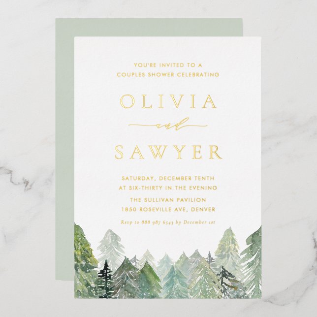 Watercolor Snowy Evergreen Forest Couples Shower (Front/Back)