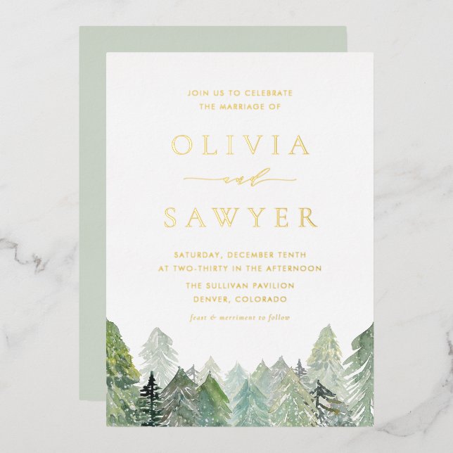Watercolor Snowy Evergreen Forest Winter Wedding (Front/Back)