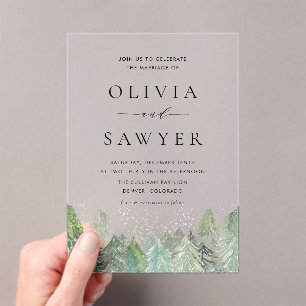 Watercolor Snowy Evergreen Forest Winter Wedding Acrylic Invitations