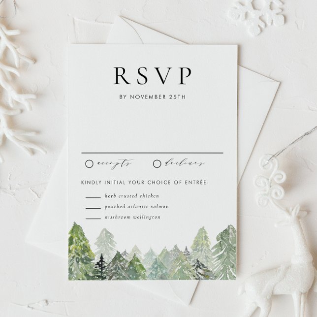 Watercolor Snowy Evergreen Forest Winter Wedding RSVP Card (This RSVP card features a snowy watercolor forest, perfect for winter weddings and seasonal events.)