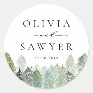 Watercolor Snowy Evergreen Woodland Winter Wedding Classic Round Sticker