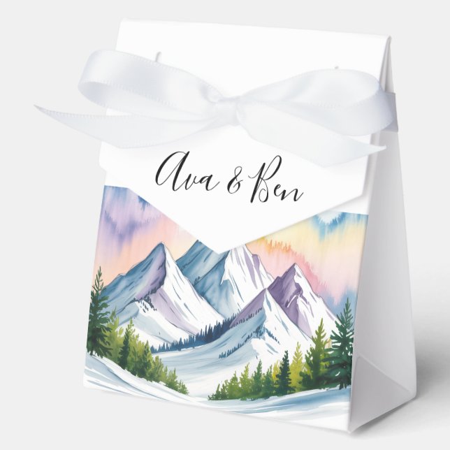 Watercolor Snowy Mountain Landscape Wedding Favour Box (Front)