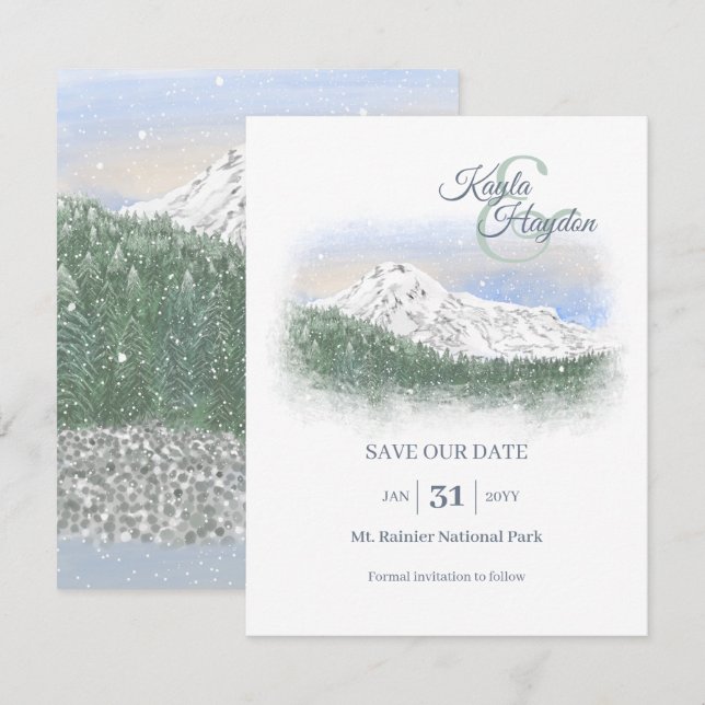 Watercolor, Snowy Mountain, Winter Wedding Invitation (Front/Back)