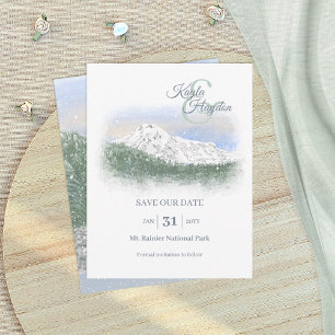 Watercolor, Snowy Mountain, Winter Wedding Invitation