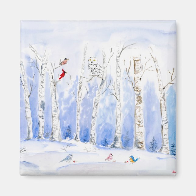 Watercolor Snowy Owl, Song Birds And Birch Trees Magnet (Front)