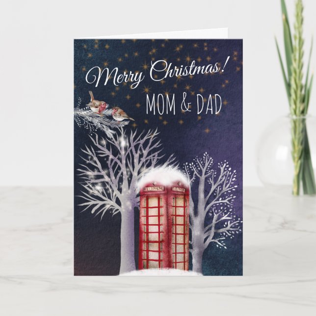 Watercolor Snowy Phone Box And Robins Christmas Card (Front)