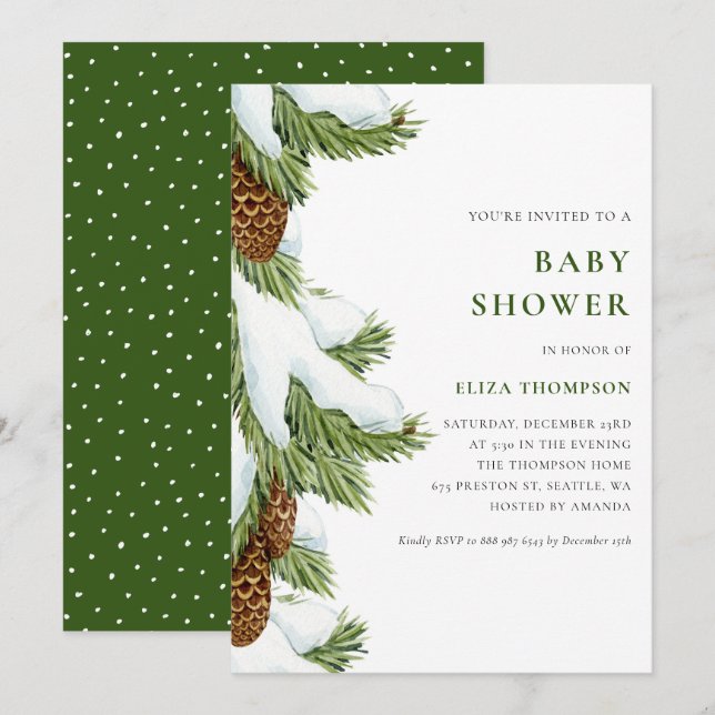 Watercolor Snowy Pine Needles Baby Shower Invitation (Front/Back)