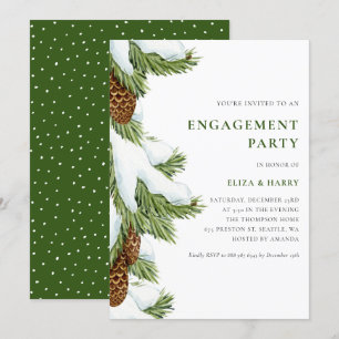 Watercolor Snowy Pine Needles Engagement Party Invitation