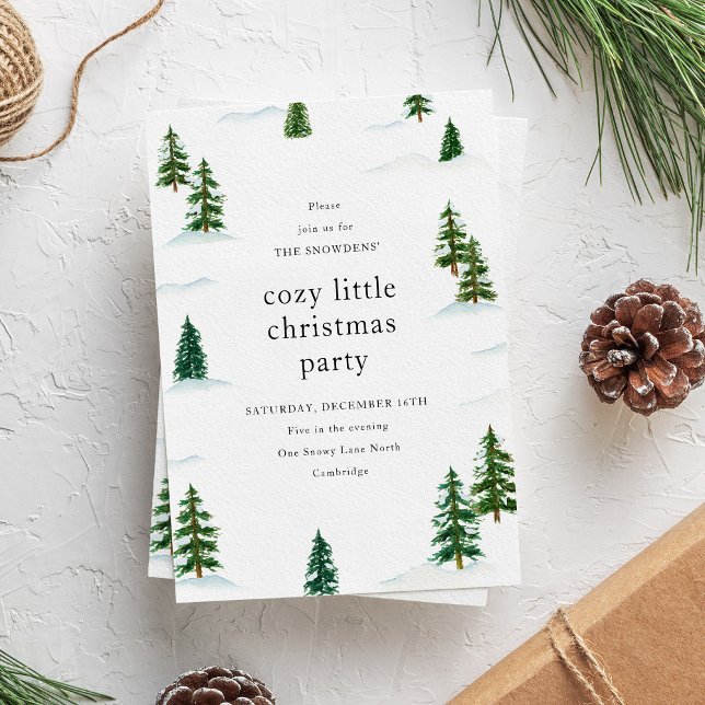 Watercolor Snowy Pine Tree Forest Christmas Party Invitation (Elegant and clean Christmas party invitation with watercolor pine trees in a snowy forest.)