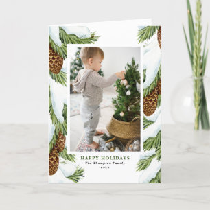 Watercolor Snowy Pinecones Happy Holidays Photo Holiday Card