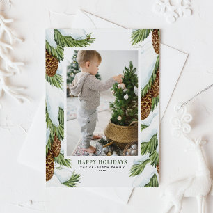 Watercolor Snowy Pinecones Happy Holidays Photo Holiday Postcard
