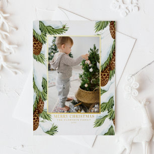 Watercolor Snowy Pinecones Merry Christmas Photo Foil Holiday Card