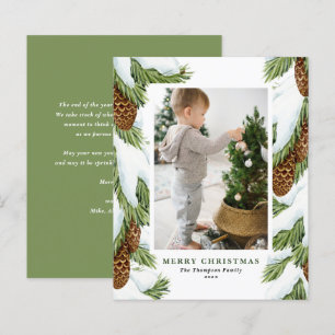 Watercolor Snowy Pinecones Photo Christmas Card
