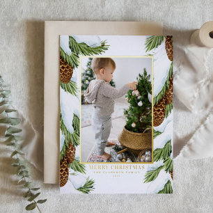 Watercolor Snowy Pinecones Photo Merry Christmas Foil Holiday Card