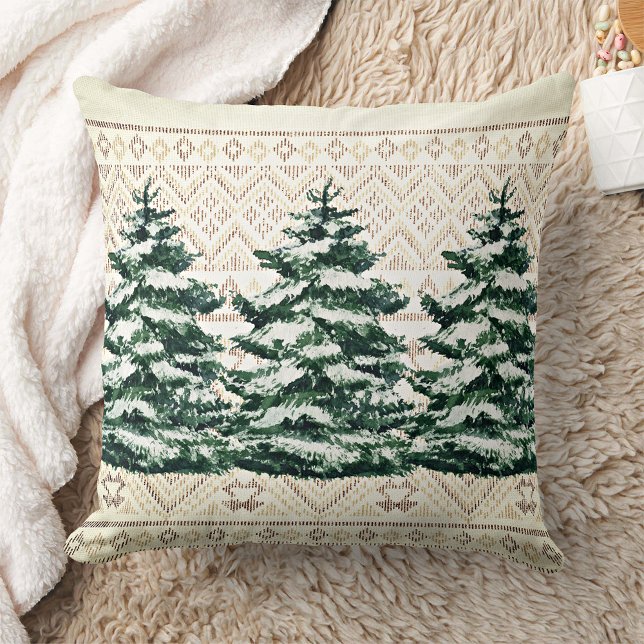 Watercolor Snowy Pines Trio On Ivory Throw Pillow (Creator Uploaded)