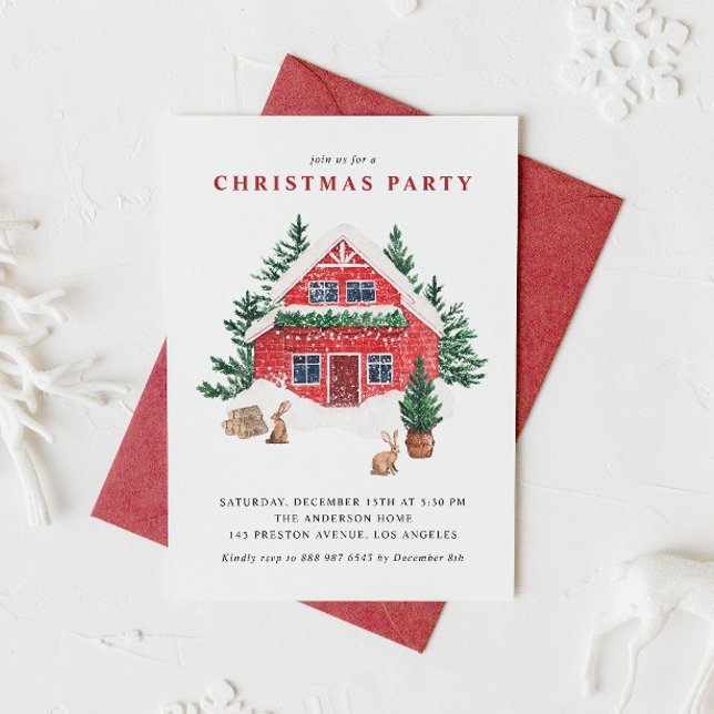Watercolor Snowy Red Cottage Christmas Party Invitation (This customizable Christmas party invitation features a watercolor red cottage in a snowy forest.)