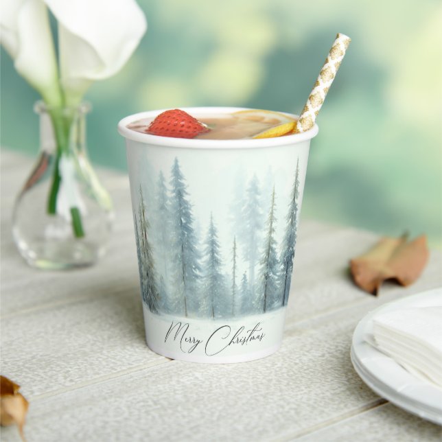 Watercolor snowy trees custom Christmas Paper Cups (Insitu)