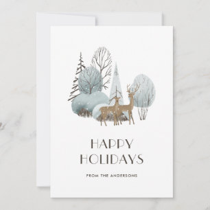 Watercolor Snowy Winter Scene Forest Deer Holiday Card