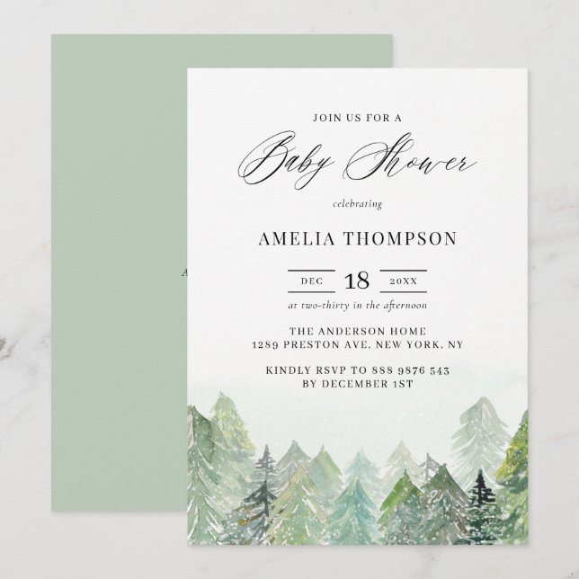 Watercolor Snowy Woodland Winter Baby Shower Invitation (Front/Back)