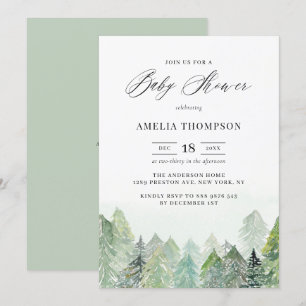 Watercolor Snowy Woodland Winter Baby Shower Invitation