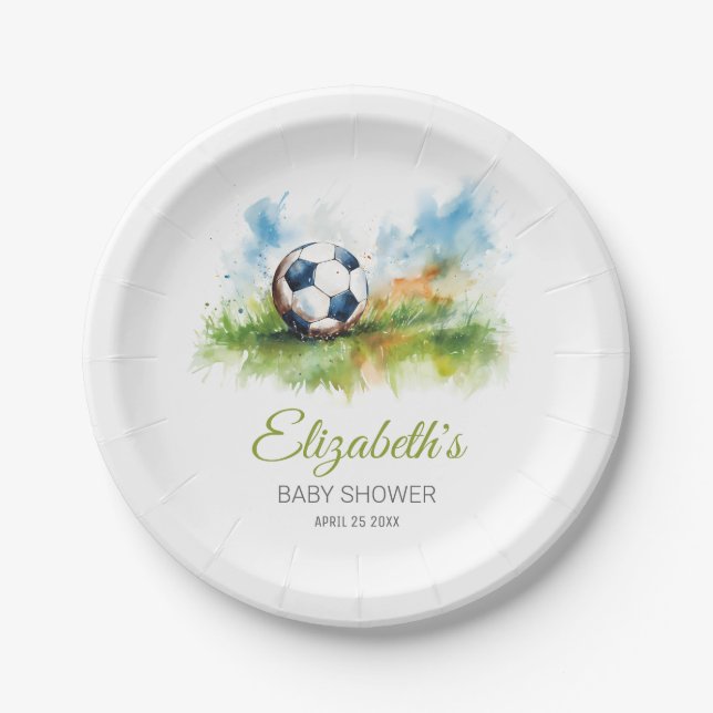Watercolor Soccer Baby Shower  Paper Plate (Front)