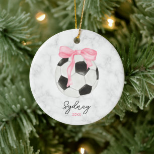 Watercolor Soccer Ball and Pink Grandmillenial Bow Ceramic Tree Decoration